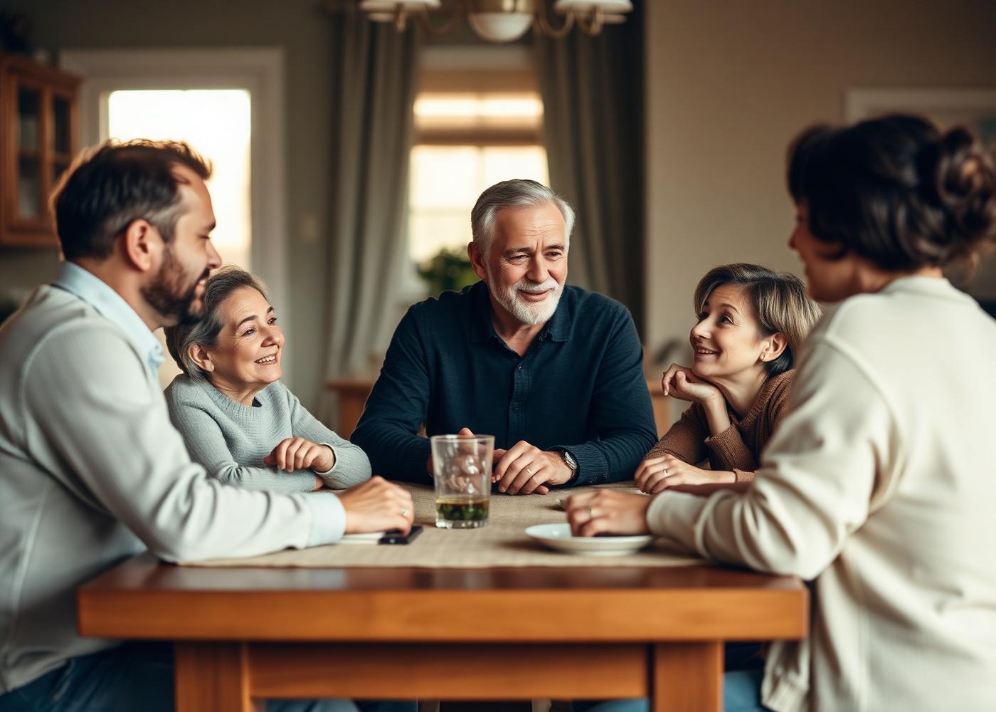 A multi-generational family talking together around a dining table
