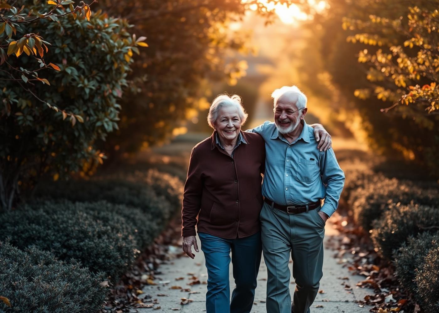 An older couple walking arm in arm on a sunlit garden path