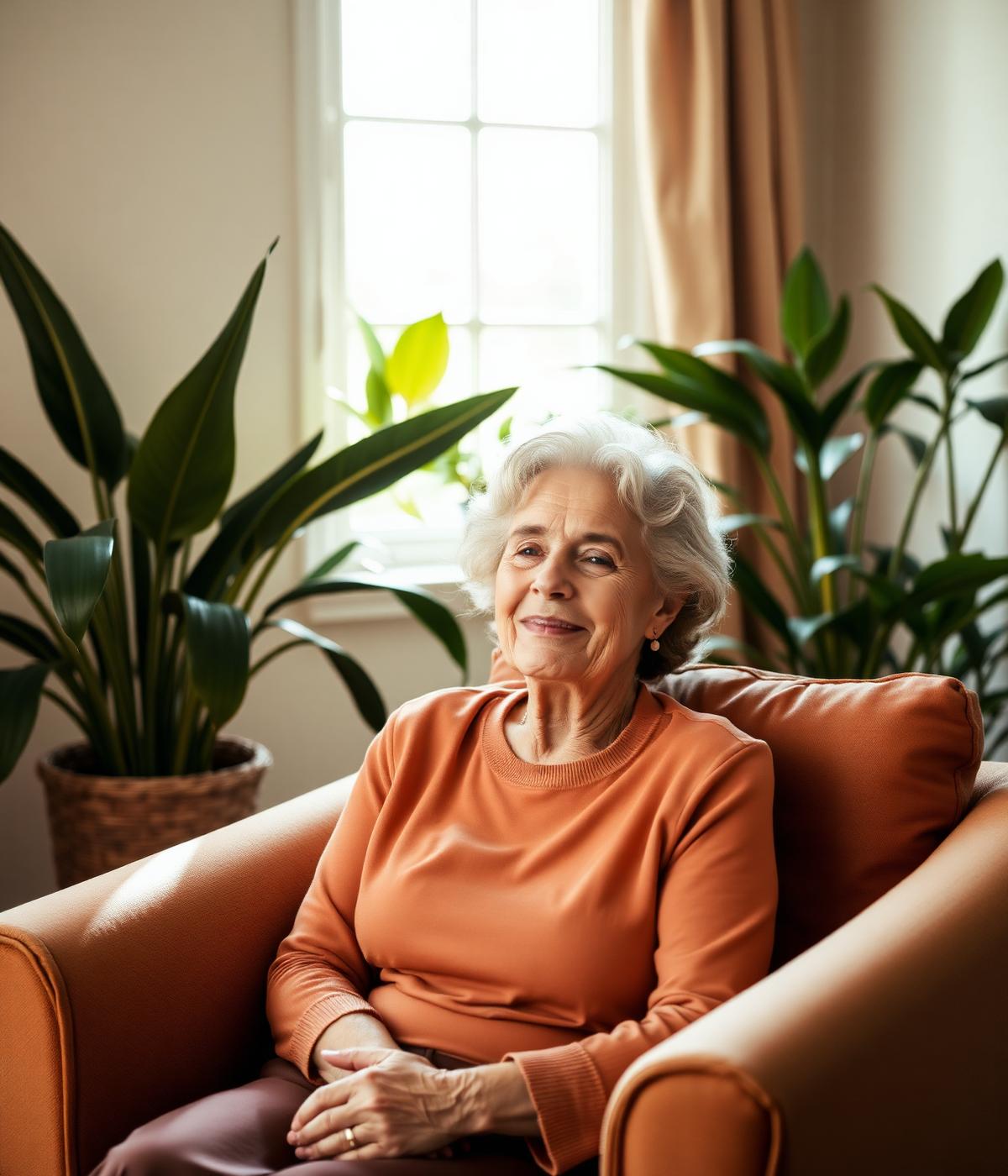 Senior woman resting peacefully in a sunlit living room